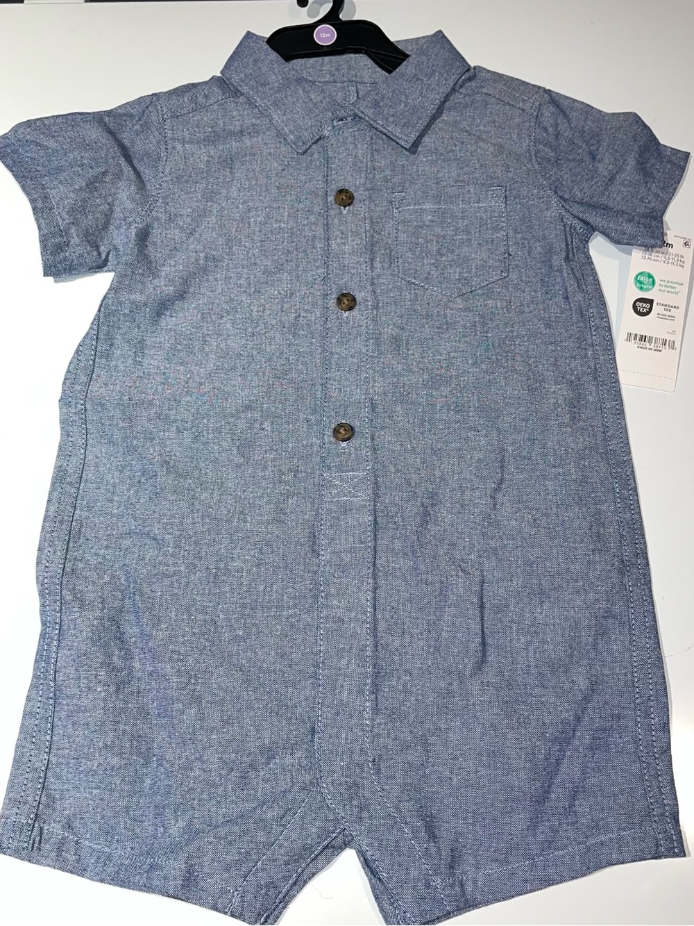 NWT Carters 12 month Boys Short-Sleeve Chambray Denim Button Romper